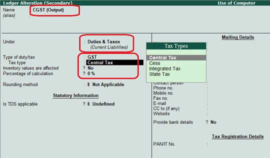 Create CGST Ledger in tally