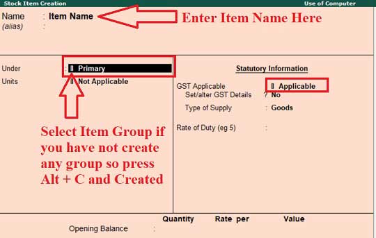 Create Stock Item in Tally