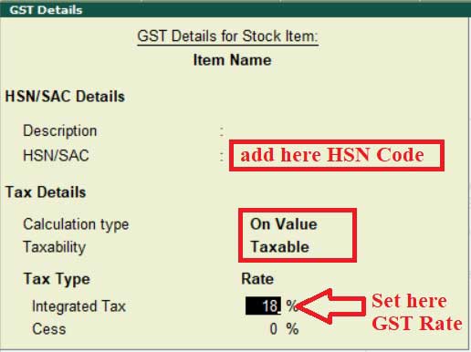 Set GST rate in Item in Tally